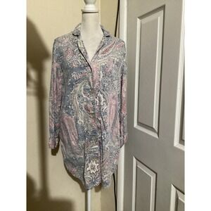 Lauren Ralph Lauren Blue Pink Paisley Cotton Blend Button Front Sleep Shirt S